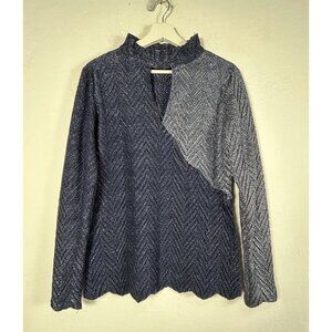 Komarov Women's Long Sleeve Keyhole Blouse Top Herringbone Blue Gray Size Medium